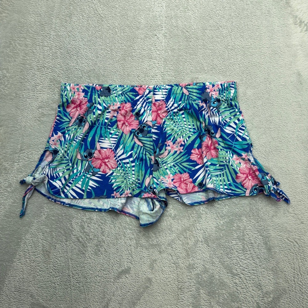 Disney Pajama Shorts Womens Medium Blue Lilo Stitch Tropical Side Tie Sleep